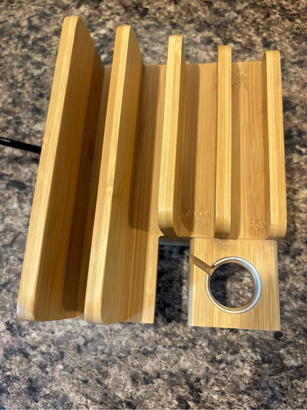 Bamboo organizer charging station with Apple Watch holder and 5 usb ports.
